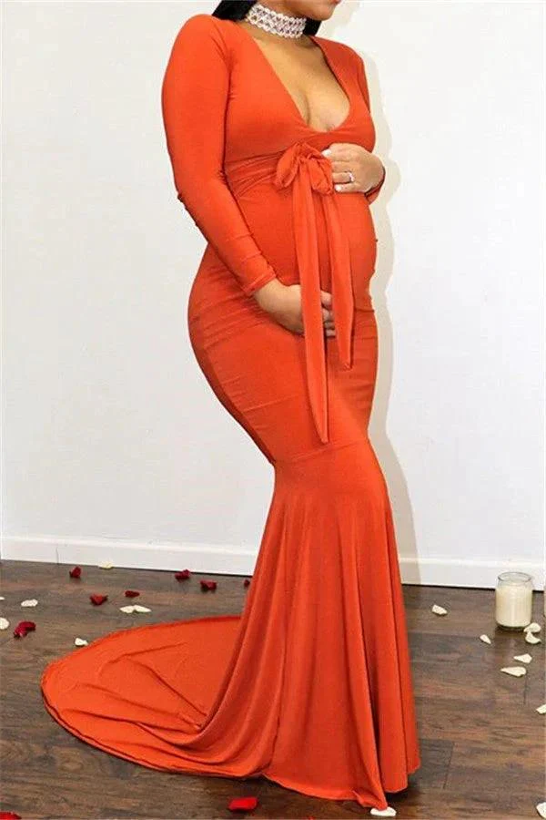 Long Mermaid Deep V-neck Pregnant Formal Evening Dress with Sleeves - Image 2