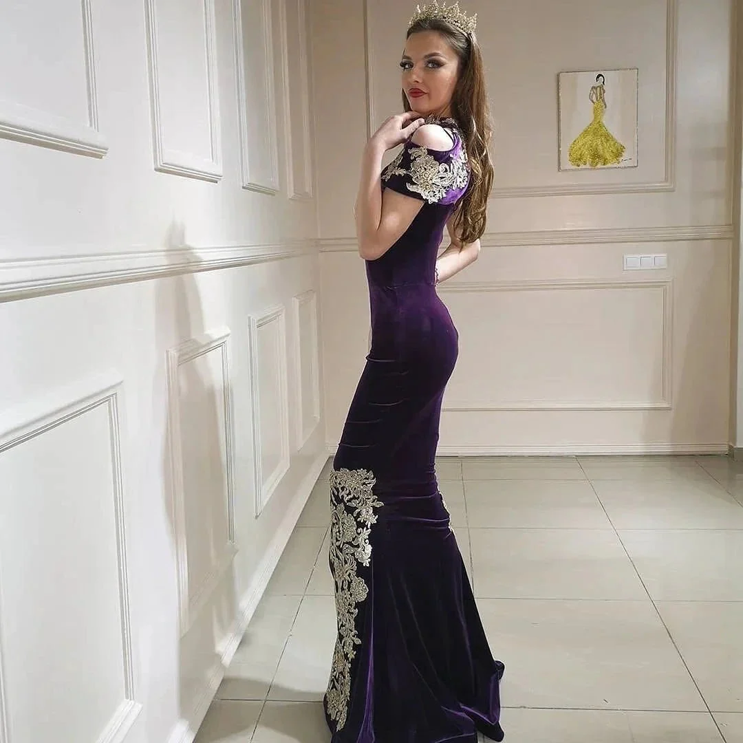 Long Mermaid High Neck Appliques Lace Backless Velvet Prom Dress - Image 2