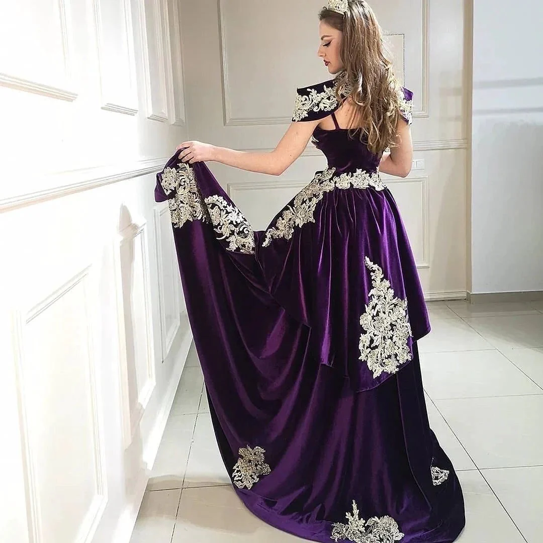 Long Mermaid High Neck Appliques Lace Backless Velvet Prom Dress - Image 3