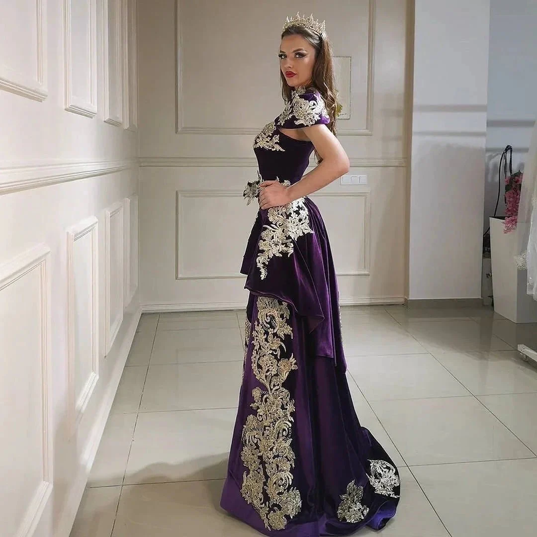 Long Mermaid High Neck Appliques Lace Backless Velvet Prom Dress - Image 4