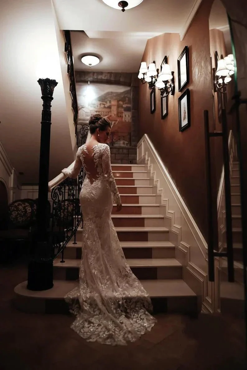 Long Mermaid High Neck Appliques Lace Backless Wedding Dress with Sleeves - Image 3