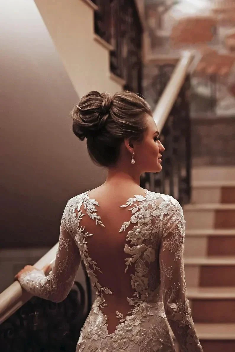 Long Mermaid High Neck Appliques Lace Backless Wedding Dress with Sleeves - Image 4