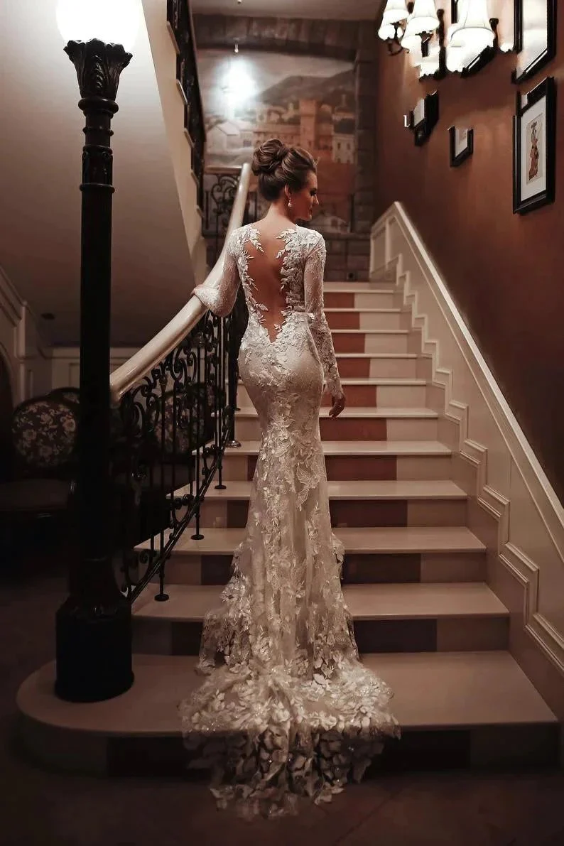 Long Mermaid High Neck Appliques Lace Backless Wedding Dress with Sleeves - Image 5