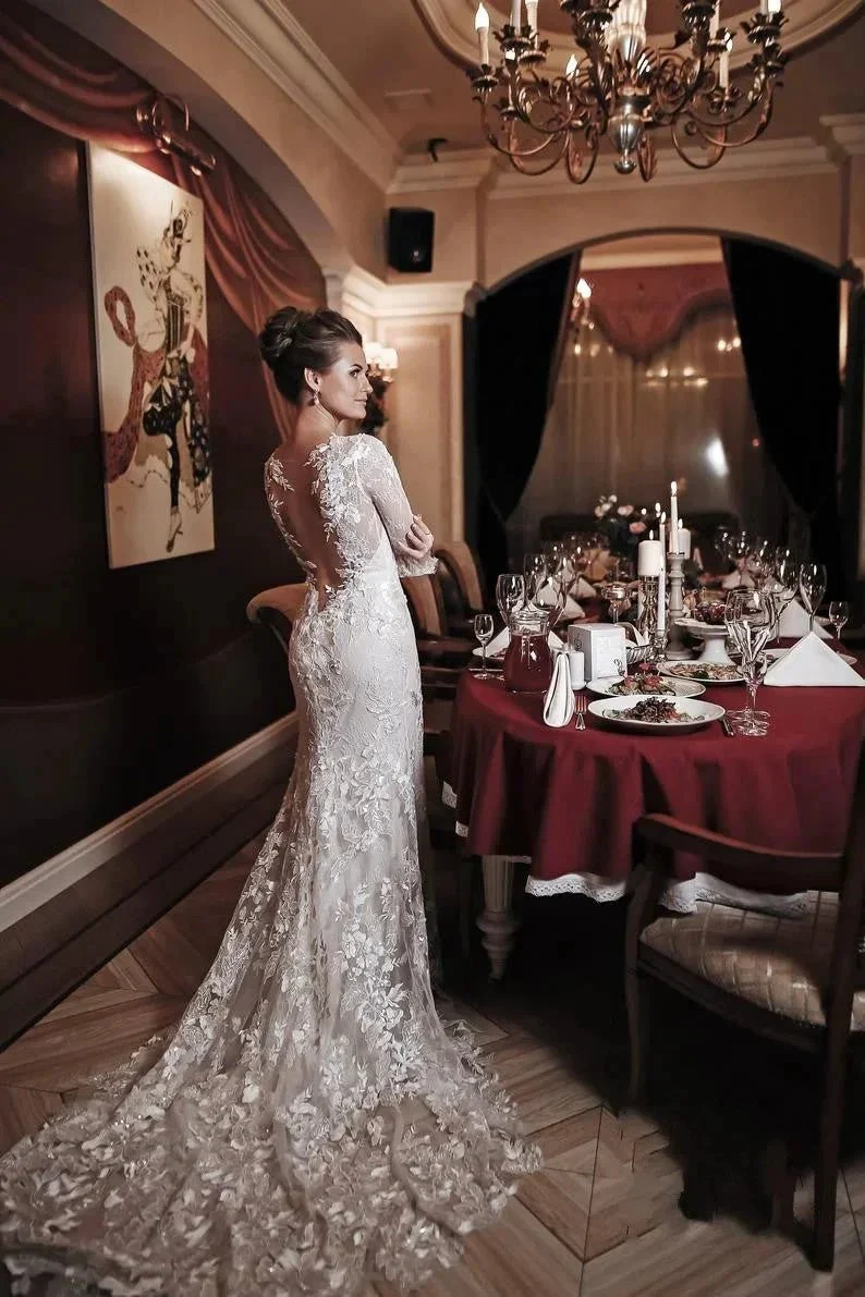 Long Mermaid High Neck Appliques Lace Backless Wedding Dress with Sleeves - Image 6