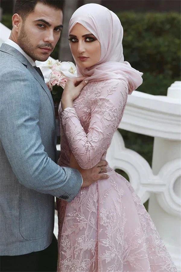 Long Mermaid High Neck Appliques Lace Prom Dress with Sleeves - Image 2