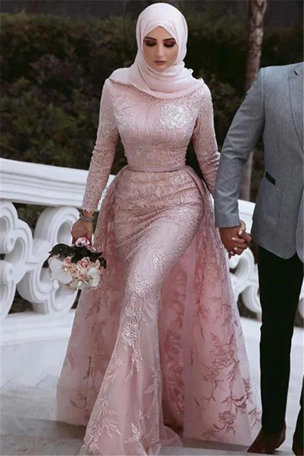 Long Mermaid High Neck Appliques Lace Prom Dress with Sleeves - Image 3