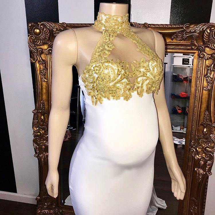 Long Mermaid High Neck Appliques White Pregnant Formal Dresses - Image 2