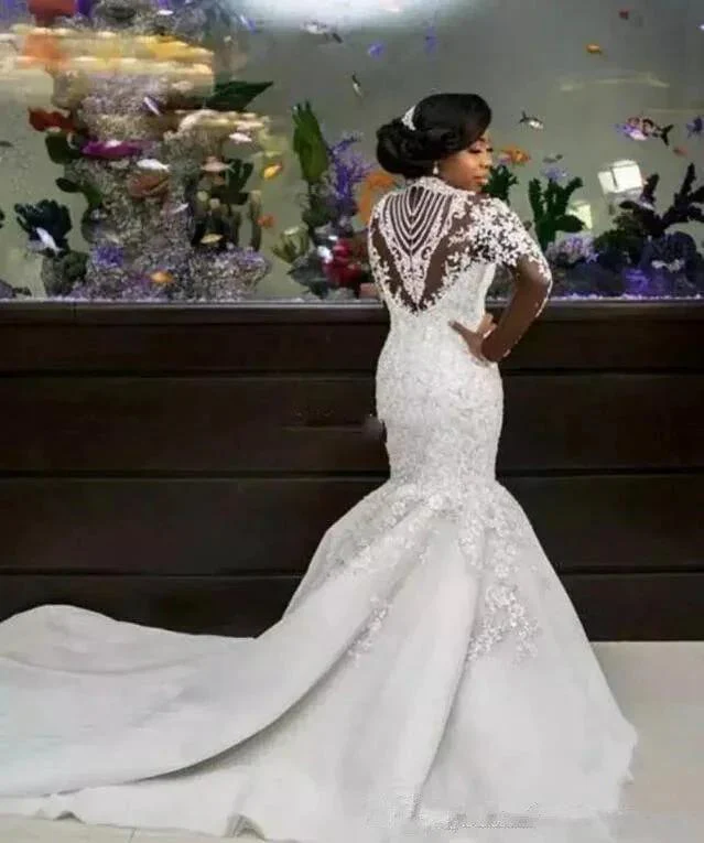 Long Mermaid High Neck Beads Lace Appliques Wedding Dress with Sleeves - Image 2