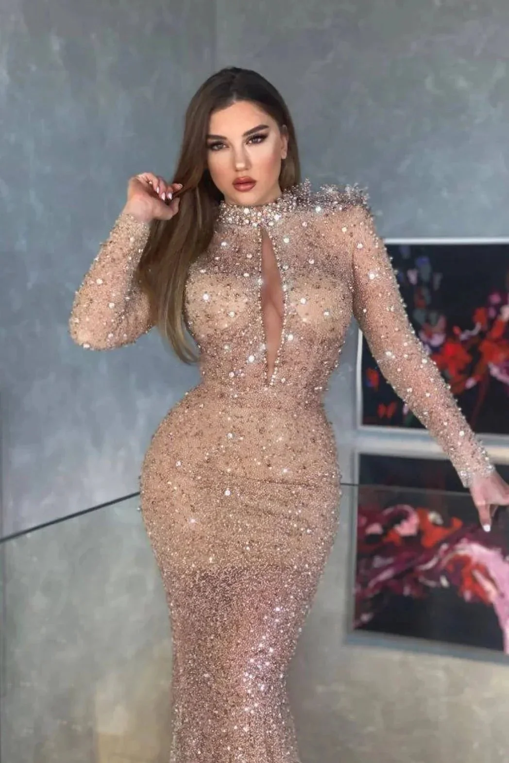 Long Mermaid High Neck Sequins Prom Dress with Sleeves - Image 2