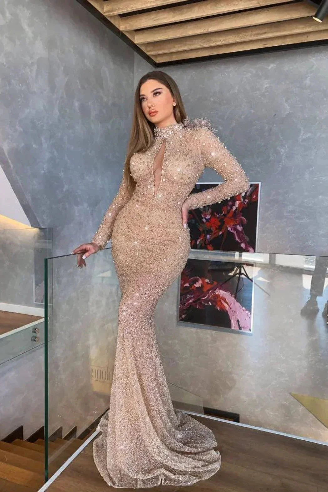 Long Mermaid High Neck Sequins Prom Dress with Sleeves - Image 3