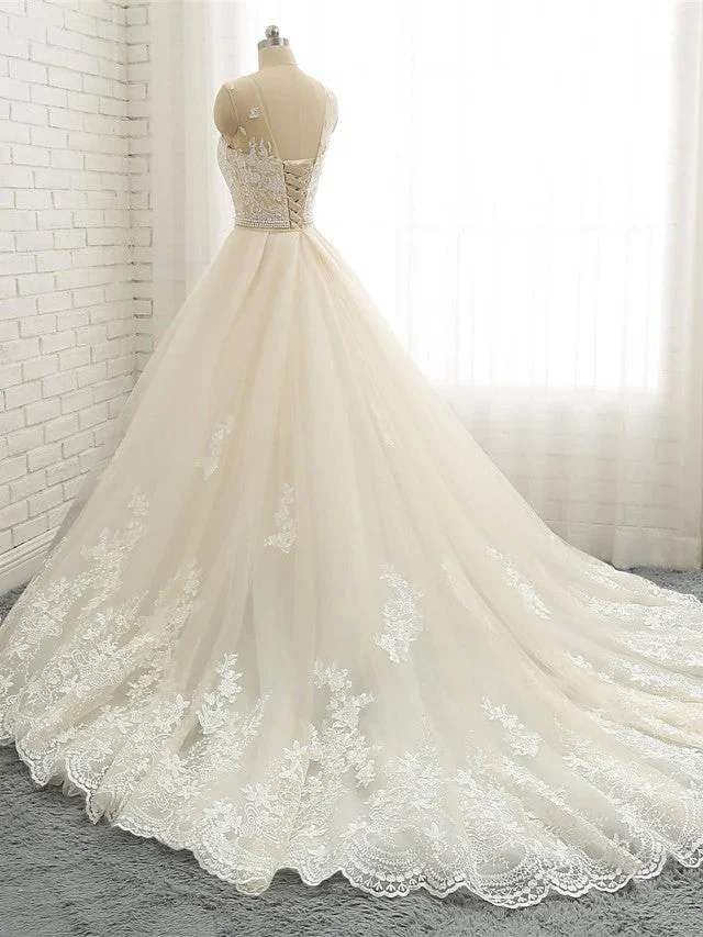 Long Mermaid Jewel Neck Chapel Train Tulle Lace Wedding Dresses - Image 2