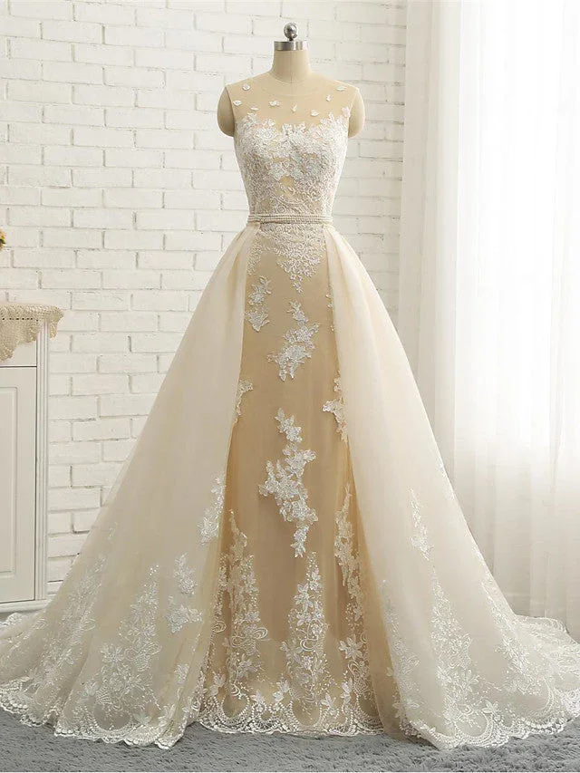 Long Mermaid Jewel Neck Chapel Train Tulle Lace Wedding Dresses - Image 3