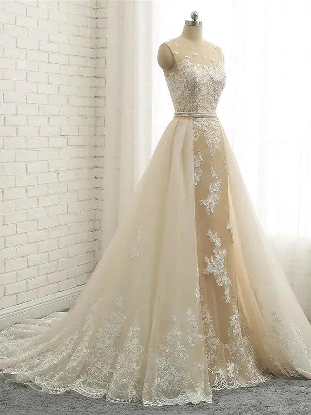 Long Mermaid Jewel Neck Chapel Train Tulle Lace Wedding Dresses - Image 4