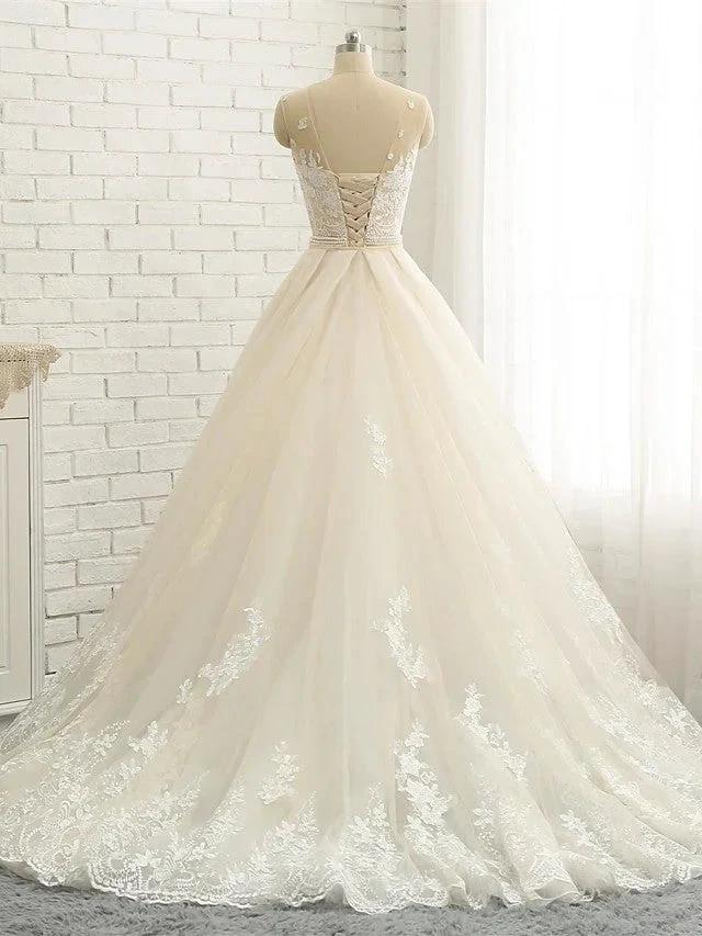 Long Mermaid Jewel Neck Chapel Train Tulle Lace Wedding Dresses - Image 5