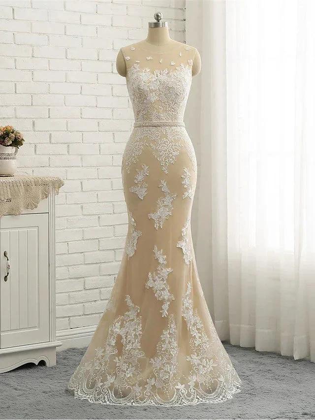 Long Mermaid Jewel Neck Chapel Train Tulle Lace Wedding Dresses - Image 6