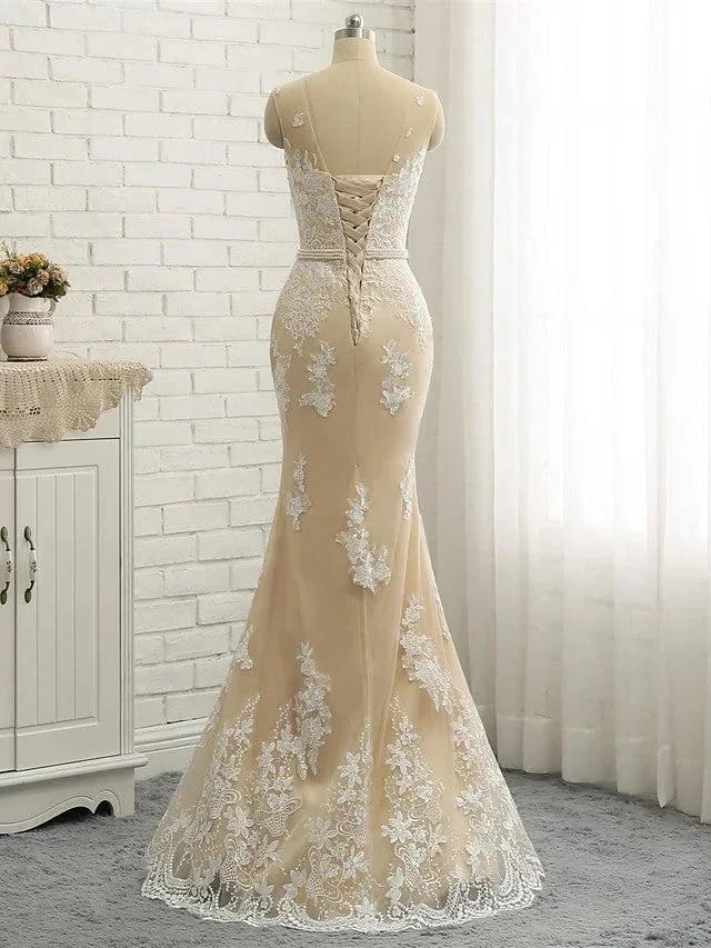 Long Mermaid Jewel Neck Chapel Train Tulle Lace Wedding Dresses - Image 7