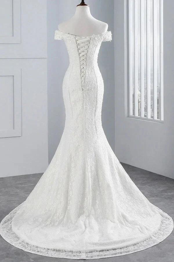 Long Mermaid Lace Off Shoulder Lace-up Wedding Dress - Image 2