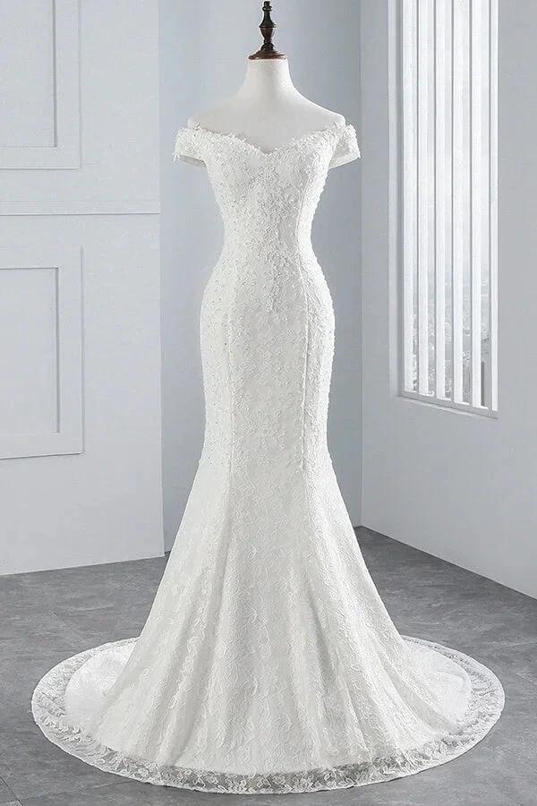 Long Mermaid Lace Off Shoulder Lace-up Wedding Dress - Image 3