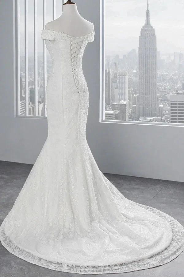Long Mermaid Lace Off Shoulder Lace-up Wedding Dress - Image 4