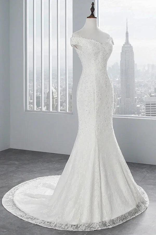 Long Mermaid Lace Off Shoulder Lace-up Wedding Dress - Image 5