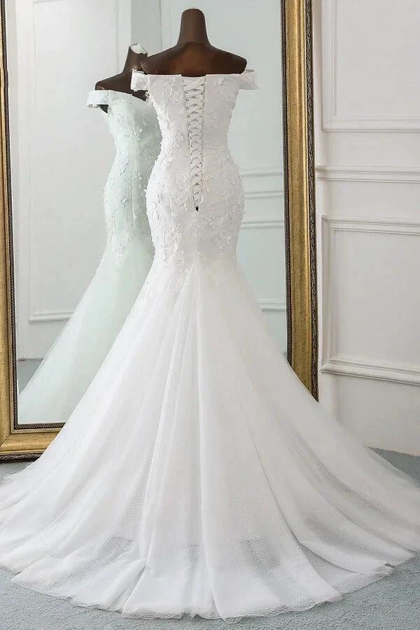 Long Mermaid Off Shoulder Lace-up Applique Lace Wedding Dress - Image 2