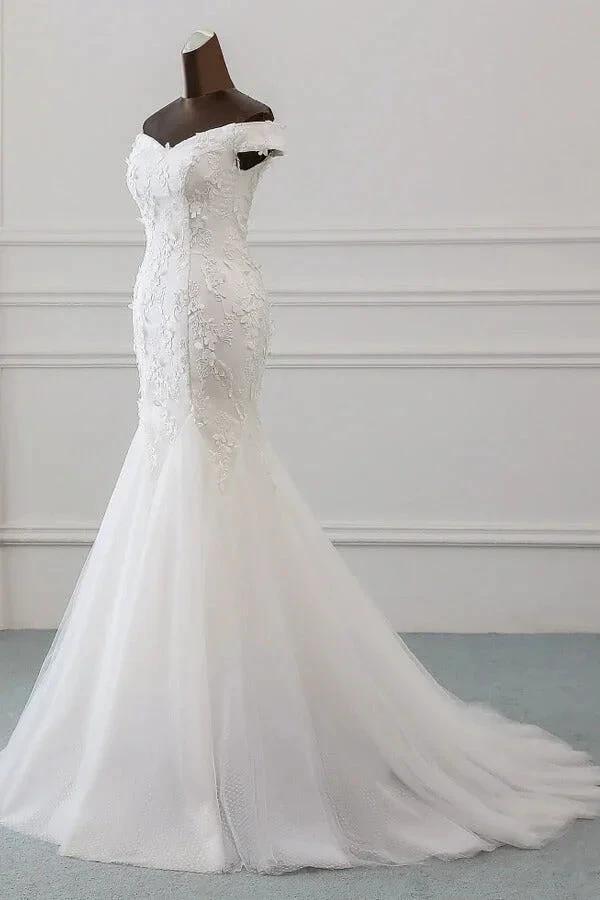 Long Mermaid Off Shoulder Lace-up Applique Lace Wedding Dress - Image 3
