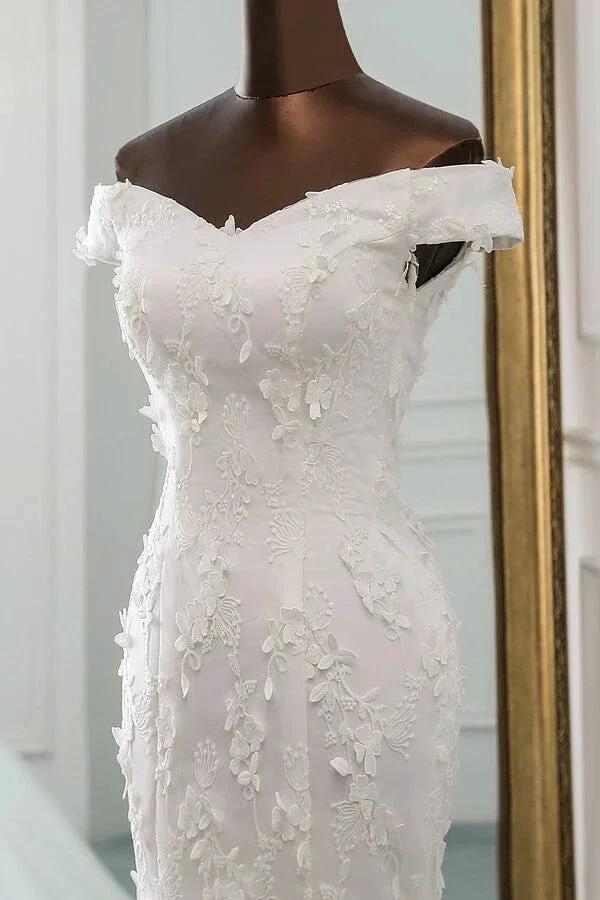 Long Mermaid Off Shoulder Lace-up Applique Lace Wedding Dress - Image 4