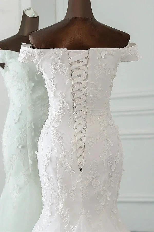 Long Mermaid Off Shoulder Lace-up Applique Lace Wedding Dress - Image 5