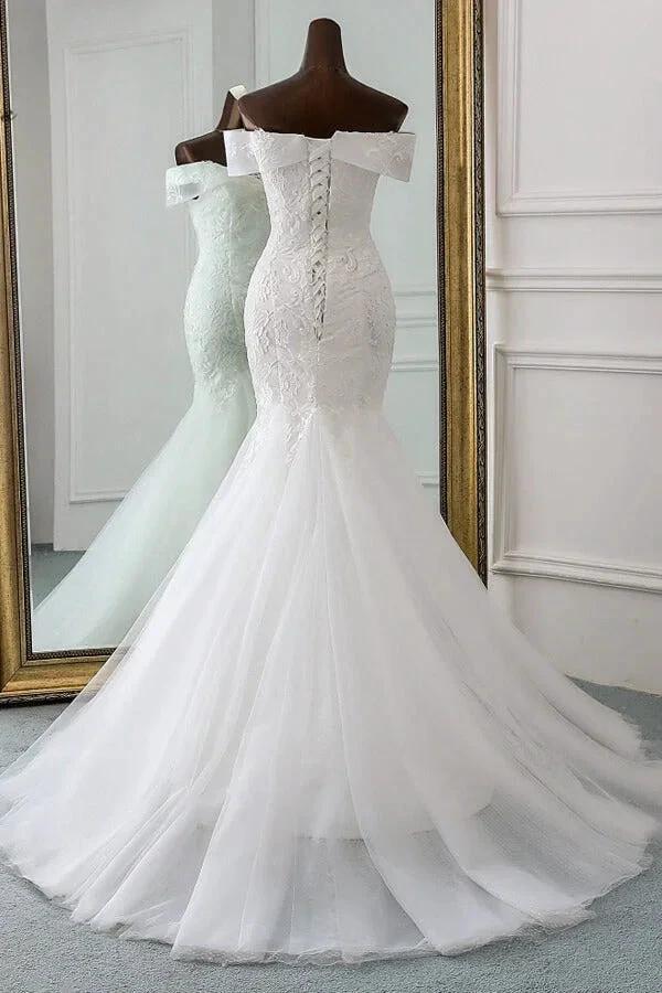 Long Mermaid Off the Shoulder Appliques Lace Tulle Wedding Dress - Image 2