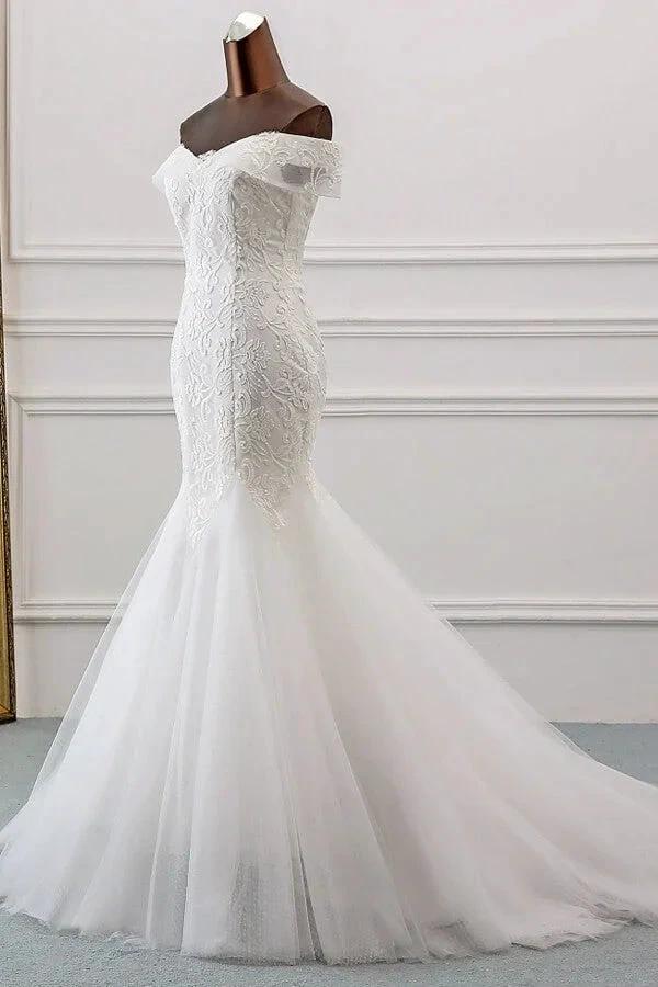 Long Mermaid Off the Shoulder Appliques Lace Tulle Wedding Dress - Image 3