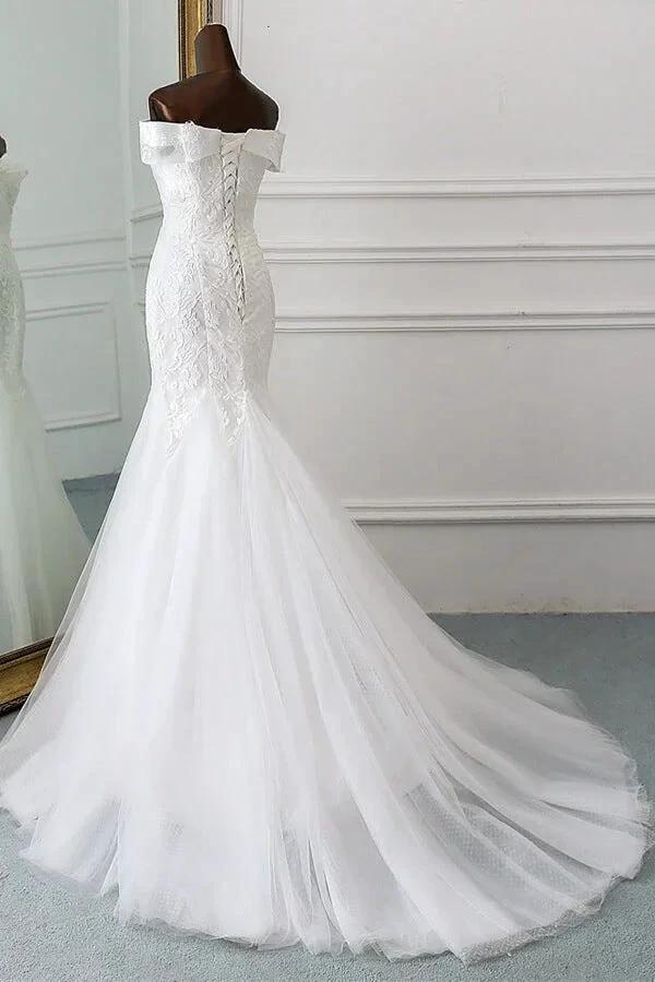 Long Mermaid Off the Shoulder Appliques Lace Tulle Wedding Dress - Image 4