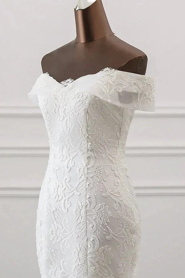 Long Mermaid Off the Shoulder Appliques Lace Tulle Wedding Dress - Image 5