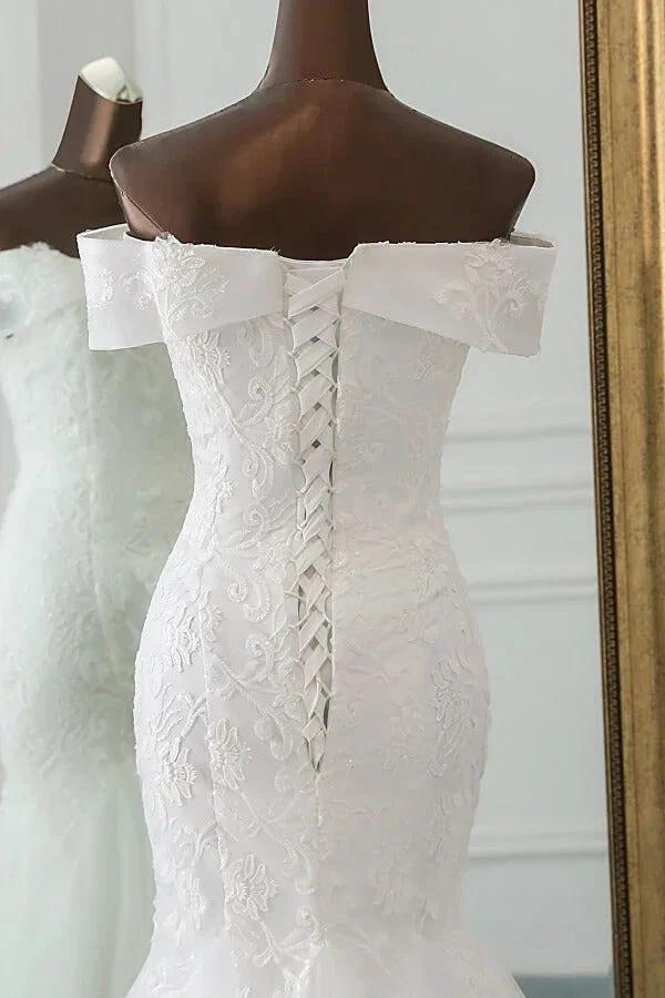 Long Mermaid Off the Shoulder Appliques Lace Tulle Wedding Dress - Image 6