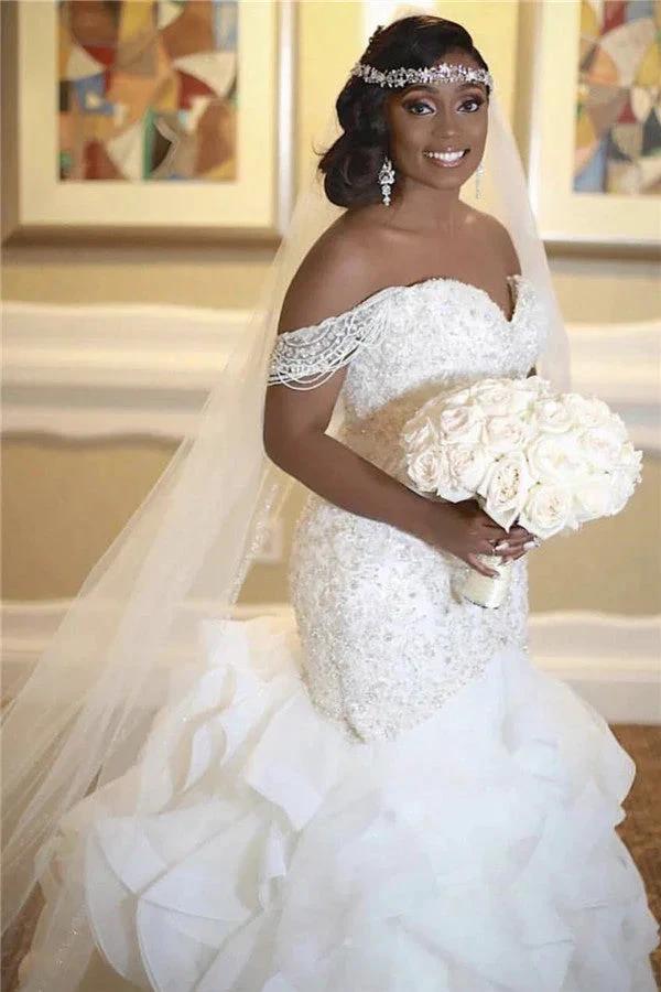 Long Mermaid Off The Shoulder Appliques Lace Wedding Dress - Image 2