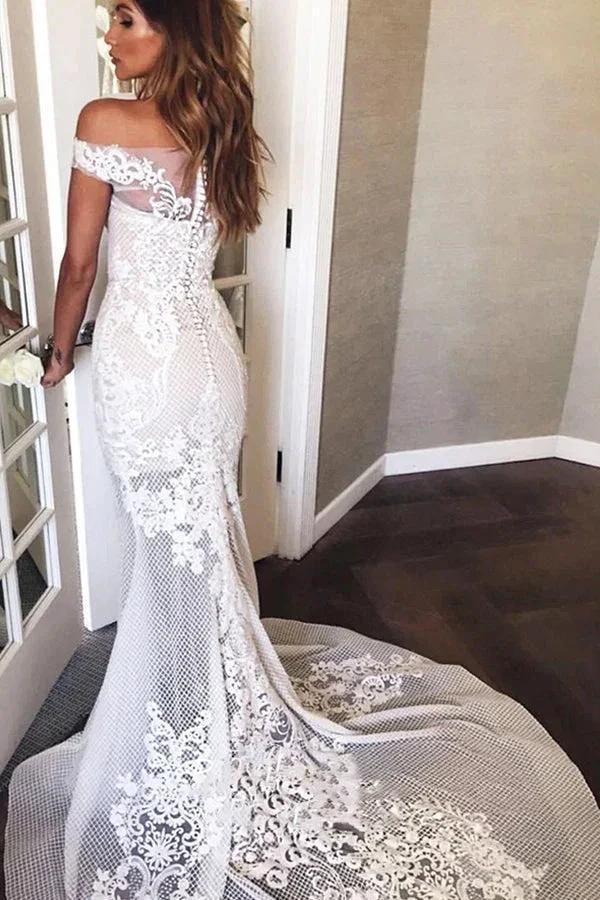 Long Mermaid Off The Shoulder Appliques Sweep Train Wedding Dress - Image 2