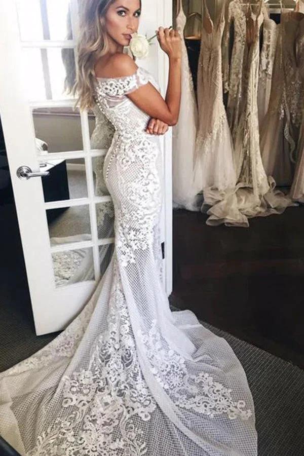 Long Mermaid Off The Shoulder Appliques Sweep Train Wedding Dress - Image 3