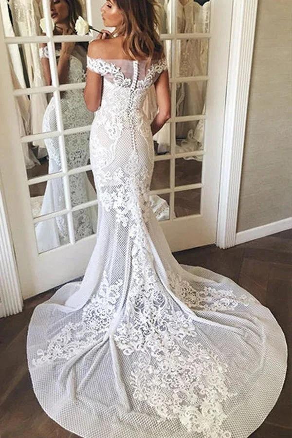 Long Mermaid Off The Shoulder Appliques Sweep Train Wedding Dress - Image 4