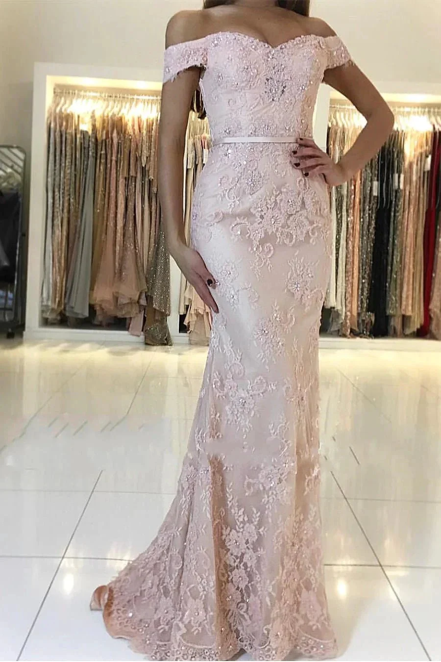 Long Mermaid Off-the-shoulder Backless Appliques Lace Prom Dress - Image 2