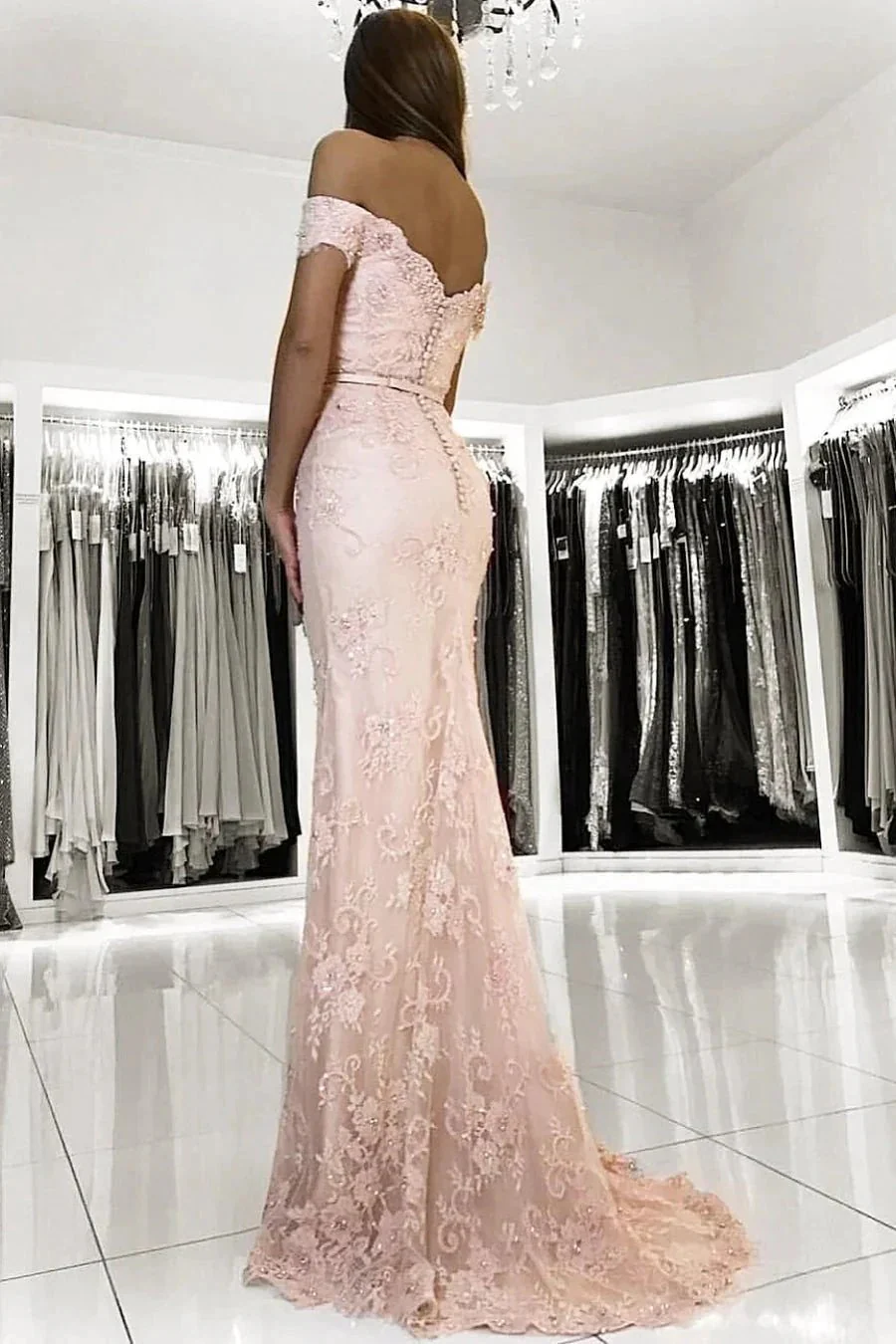 Long Mermaid Off-the-shoulder Backless Appliques Lace Prom Dress - Image 3