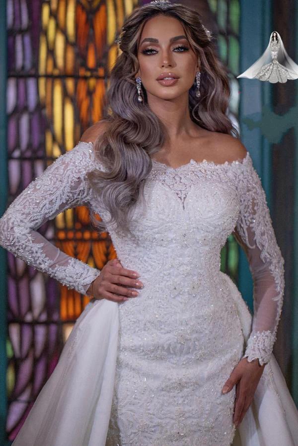 Long Mermaid Off-the-Shoulder Detachable Wedding Dresses With Sleeves - Image 4