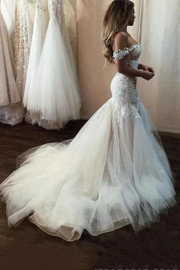 Long Mermaid Off the Shoulder Lace Backless Wedding Dresses - Image 2