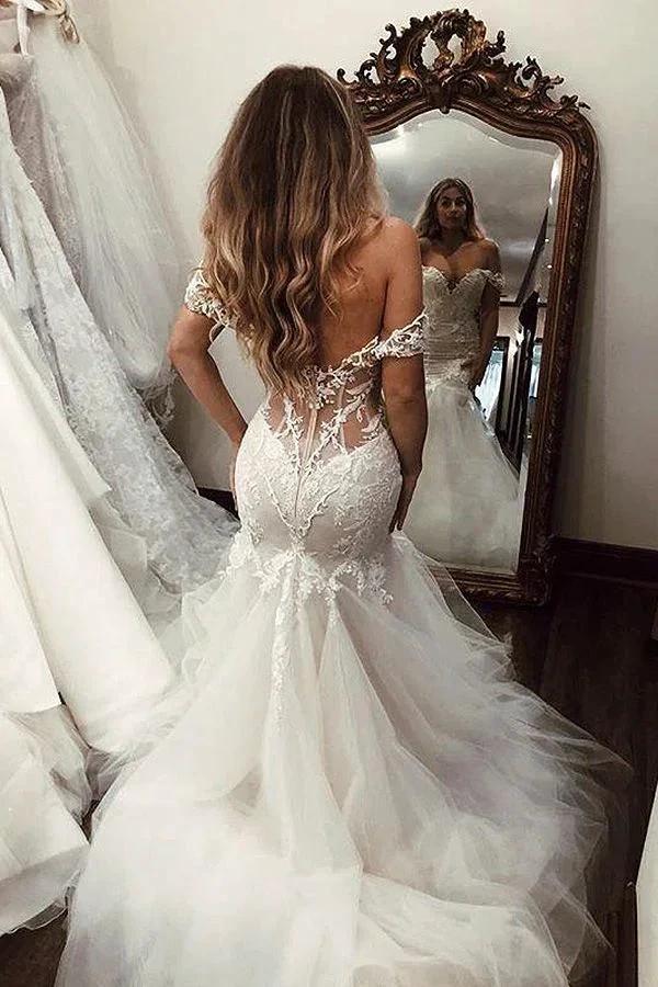 Long Mermaid Off the Shoulder Lace Backless Wedding Dresses - Image 3