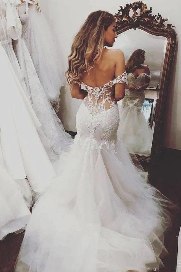 Long Mermaid Off the Shoulder Lace Backless Wedding Dresses - Image 4