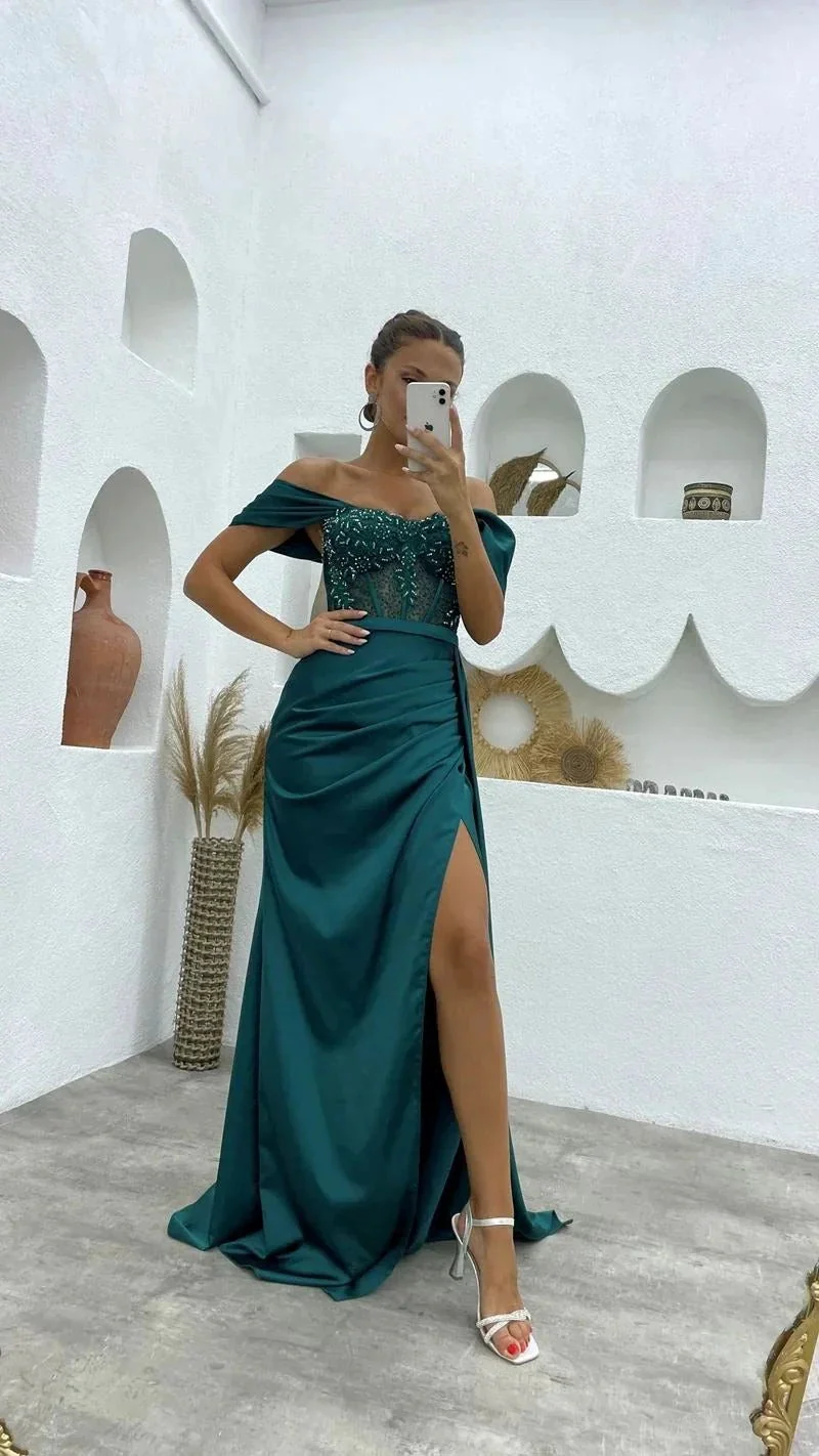 Long Mermaid Off the shoulder Satin Beading Formal Prom Dresses with Slit - Image 2