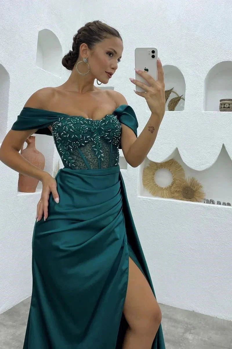 Long Mermaid Off the shoulder Satin Beading Formal Prom Dresses with Slit - Image 6