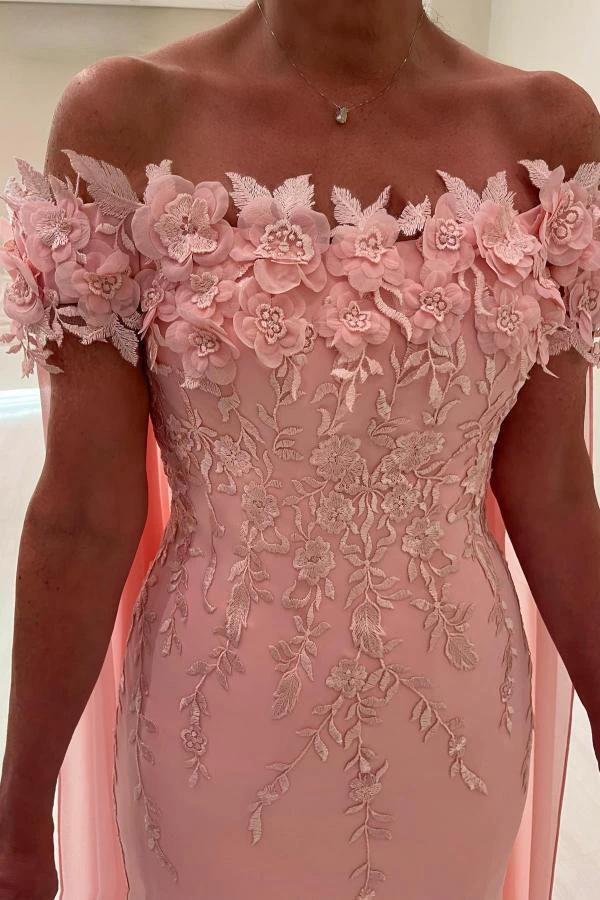 Long Mermaid Off the Shoulder Satin Flowers Evening Dresses with Cape - Image 3