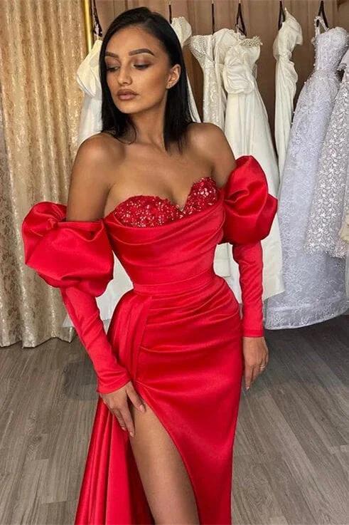Long Mermaid Off the Shoulder Satin Front Slit Prom Gown with Bubble Sleeves - Image 2