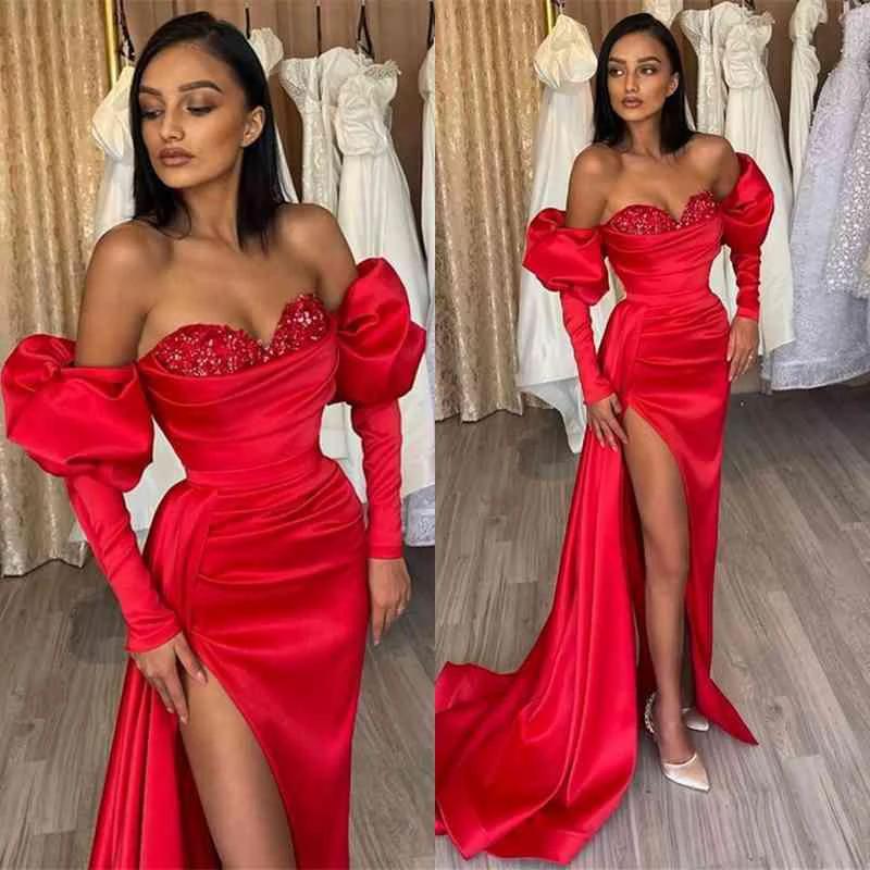 Long Mermaid Off the Shoulder Satin Front Slit Prom Gown with Bubble Sleeves - Image 3