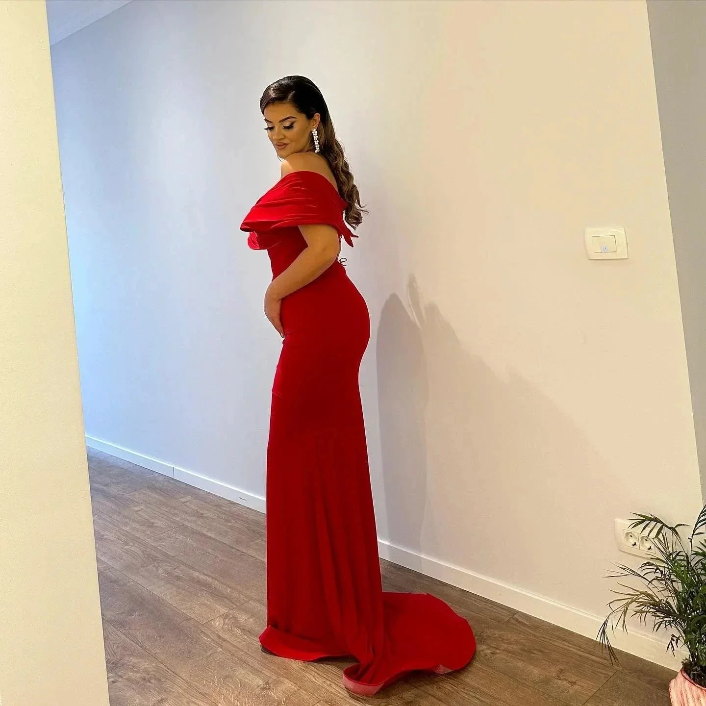 Long Mermaid Off the Shoulder Satin Red Formal Prom Dresses with Slit - Image 3