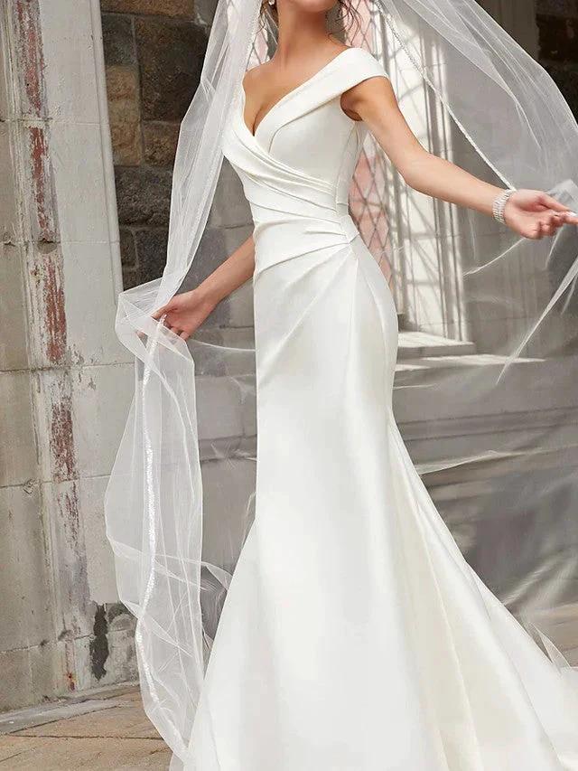Long Mermaid Off the Shoulder Satin Wedding Dresses - Image 3